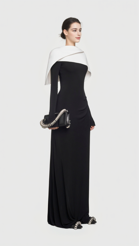BLACK MAXI DRESS WITH DRAPED ASYMMETRICAL SHOULDER PLEAT