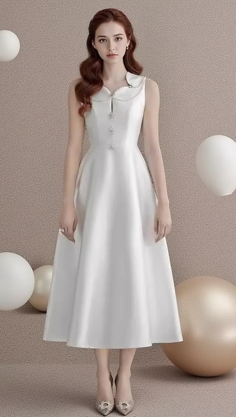 PEARL EMBELLISHED A LINE MIDI DRESS IN WHITE