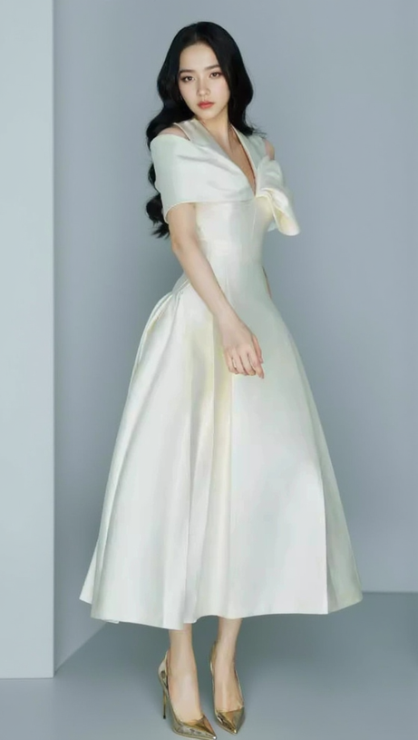 ALICE BEIGE WHITE PLEATED BOW OFF-SHOULDER MIDI DRESS