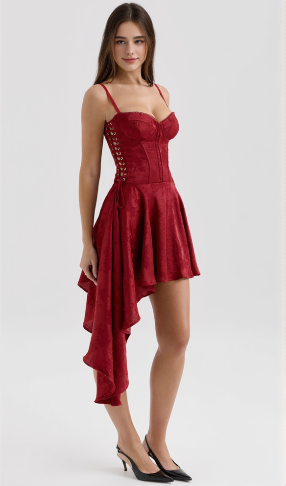 Lola Wine – Drapiertes Minikleid aus Jacquard-Satin [Vorbestellung]