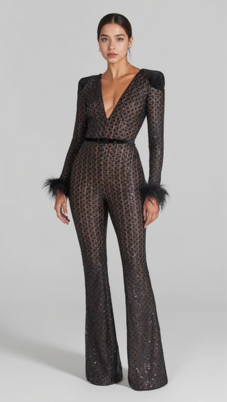 V NECK BANDAGE JUMPSUIT IN BLACK