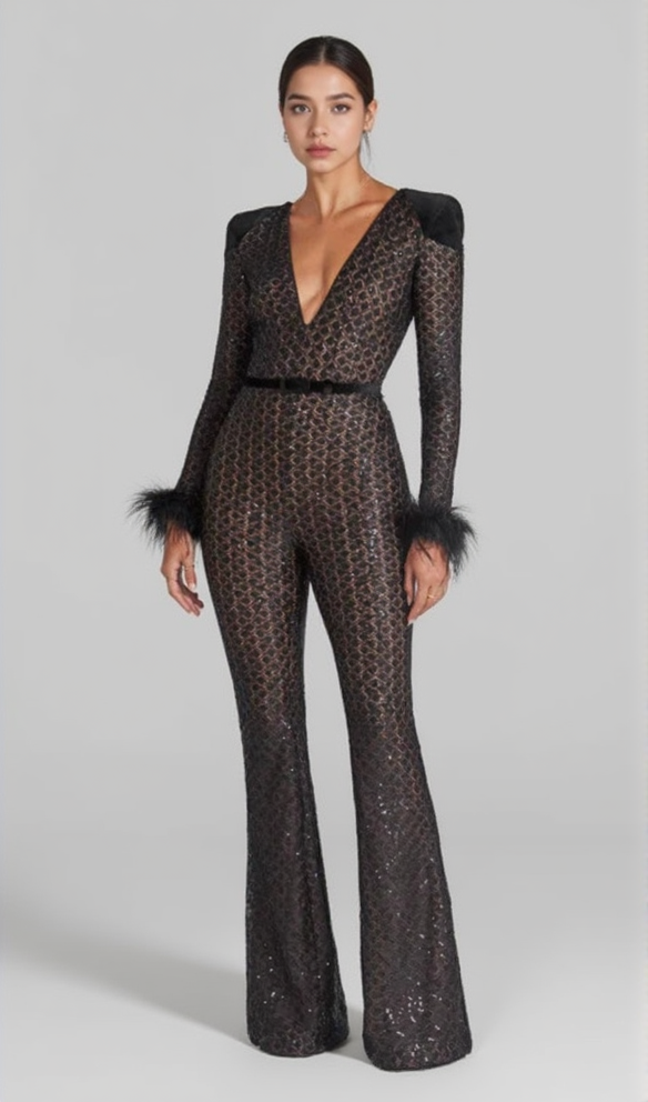 V-AUSSCHNITT-BANDAGE-JUMPSUIT IN SCHWARZ