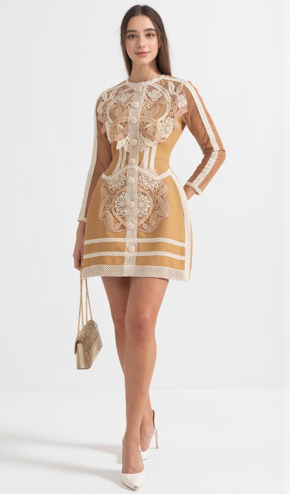 AIIZIE HOLLOW LACE PEPLUM MINI DRESS IN YELLOW - product image