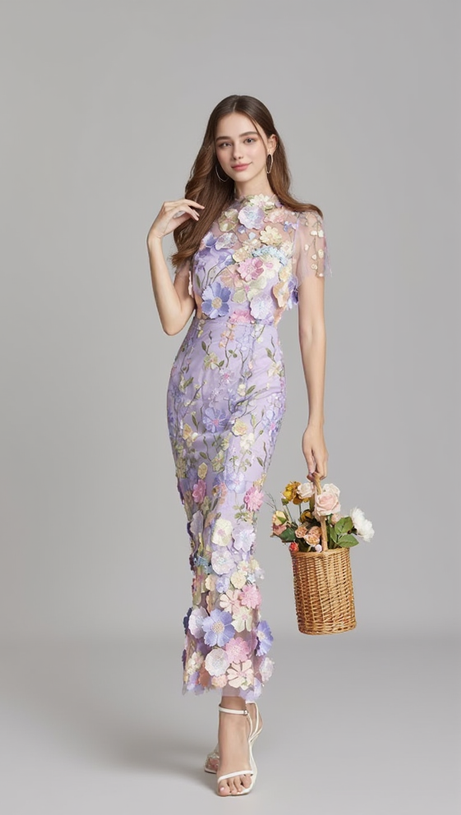 MIDIKLEID AUS MESH MIT FISCHSCHWANZ UND BLUMENSTICKEREI IN LILA