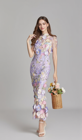 FLORAL EMBROIDERY MESH FISHTAIL MIDI DRESS IN PURPLE