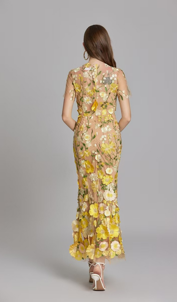 FLORAL EMBROIDERY MESH FISHTAIL MIDI DRESS IN YELLOW