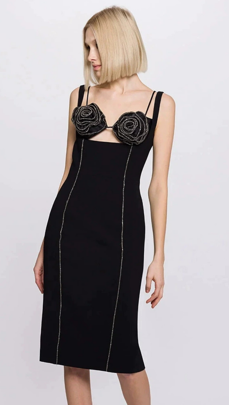 BUSTIER-MIDIKLEID MIT SILBERBESATZ UND BLUMENMUSTER IN SCHWARZ