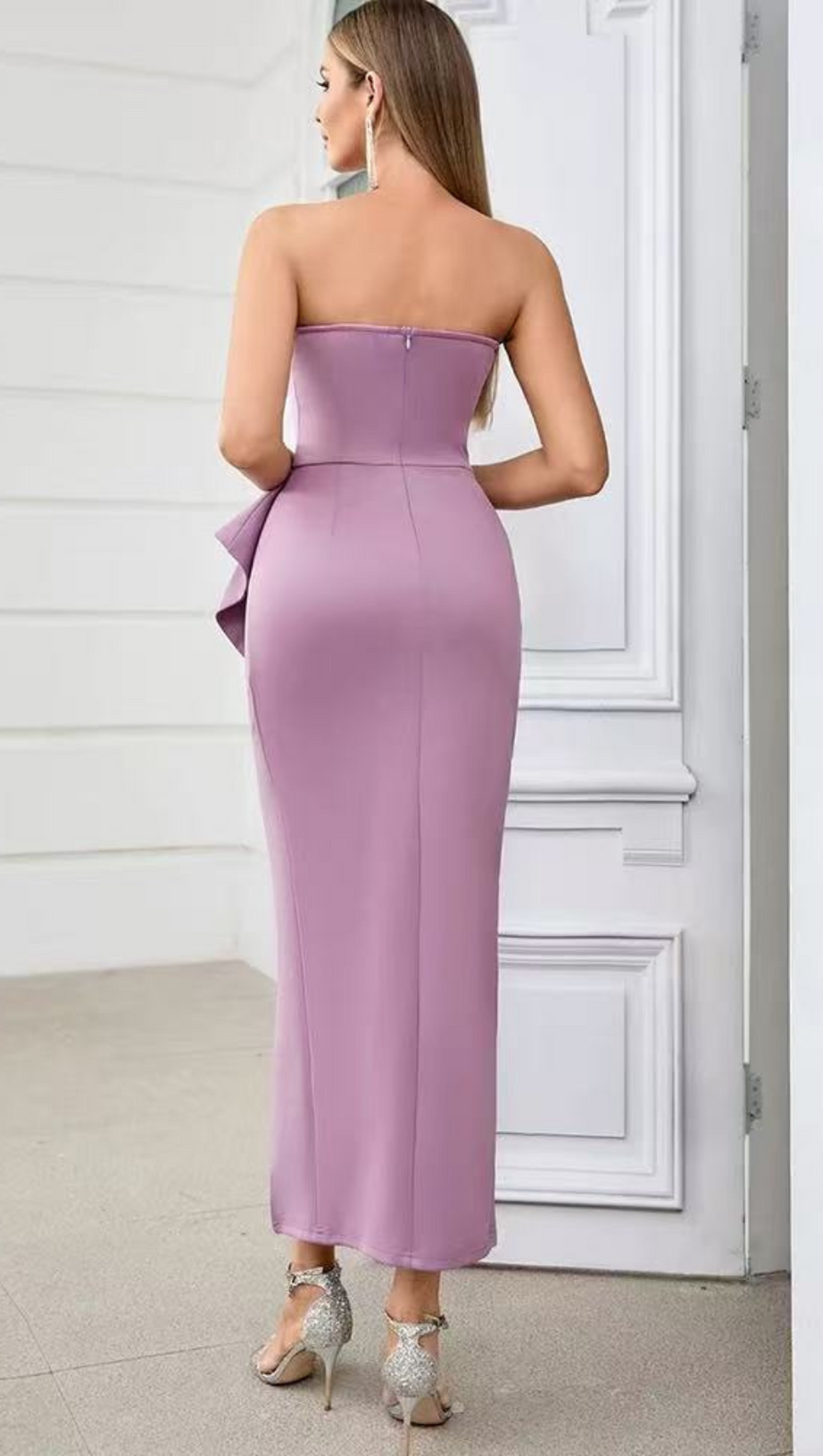 OFF-SHOULDER HIGH SPLIT RUFFLE MIDI DRESS