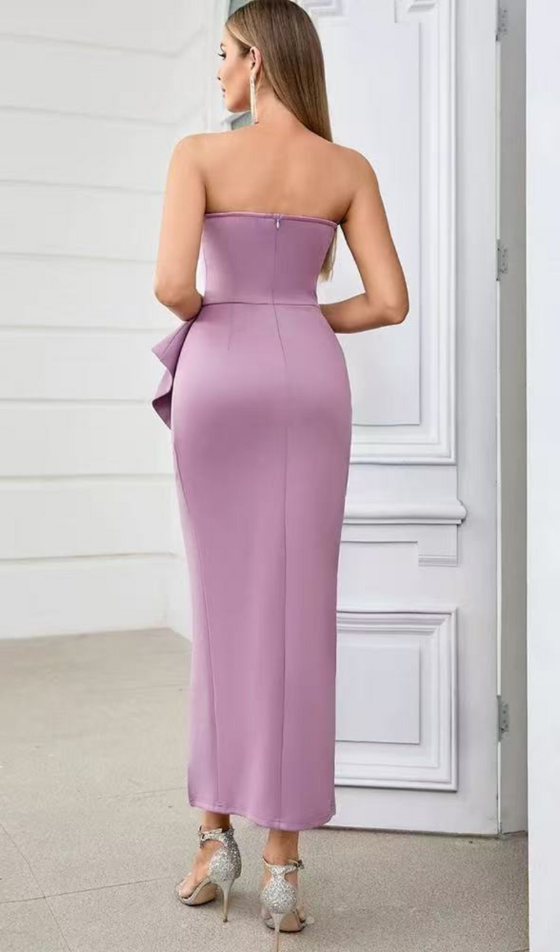 OFF-SHOULDER HIGH SPLIT RUFFLE MIDI DRESS