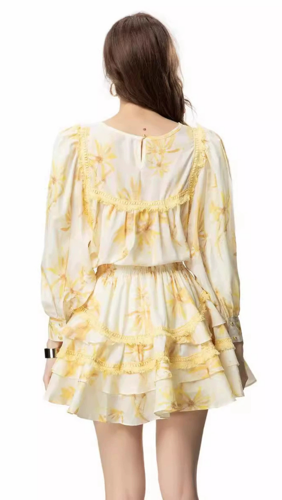 MABEL LAYER TRIM PRINT LANTERN SLEEVE MINI DRESS IN YELLOW