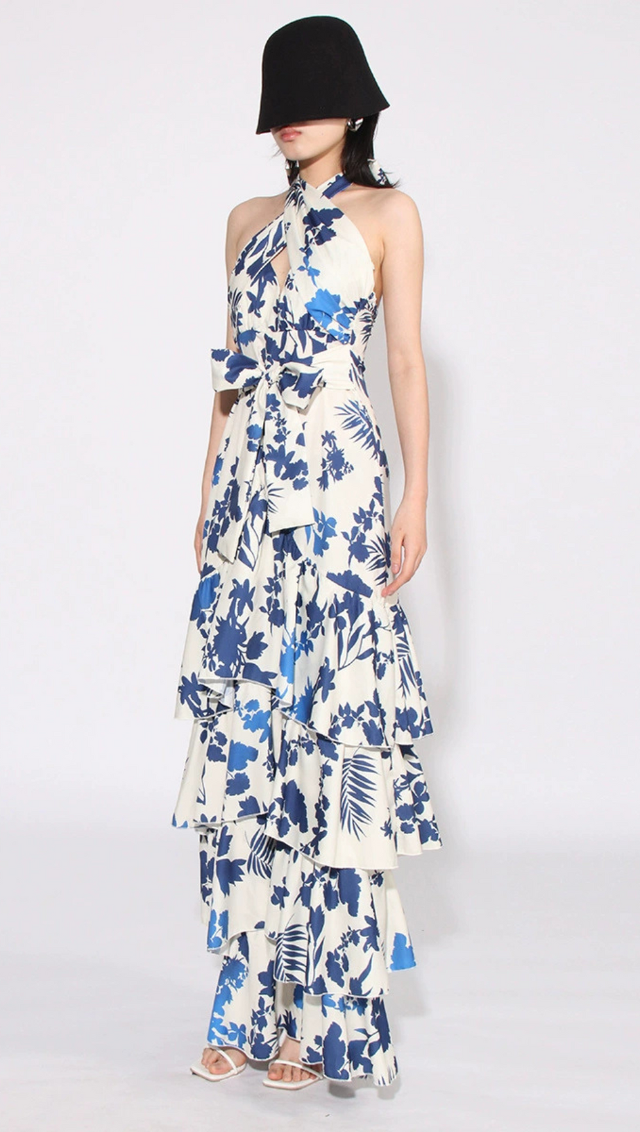 CAROLINE SLEEVELESS RUFFLED PRINT HALTER MAXI DRESS