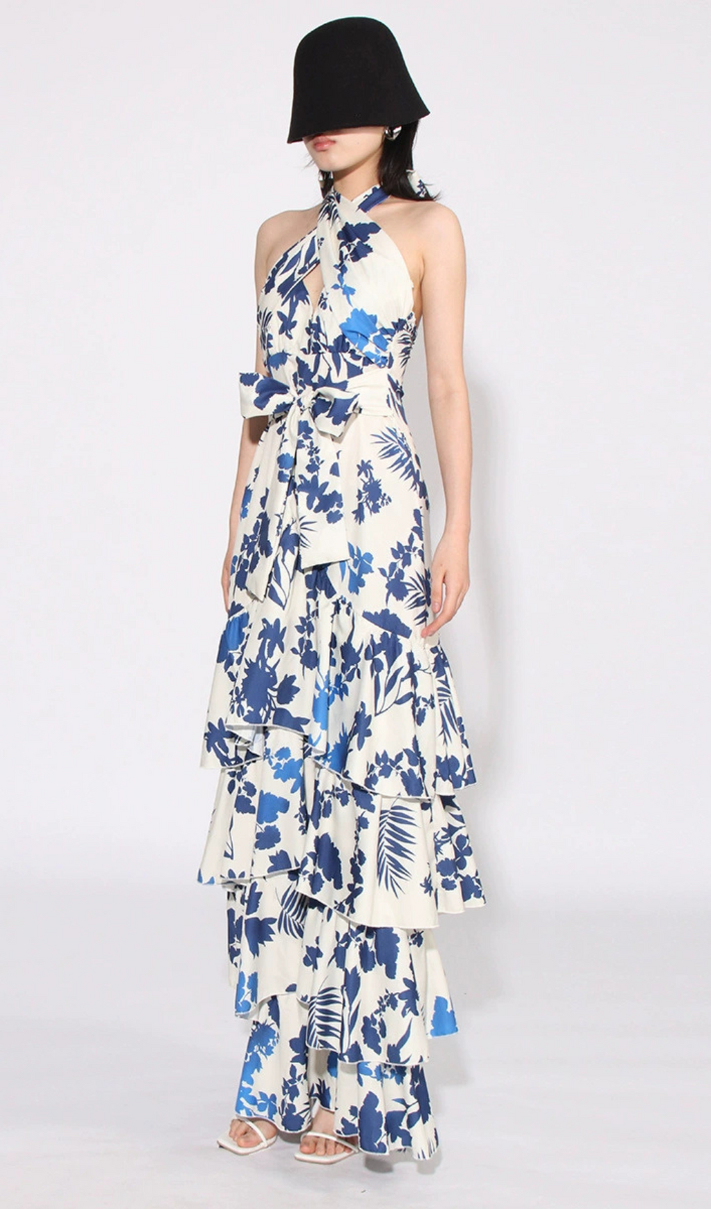 CAROLINE SLEEVELESS RUFFLED PRINT HALTER MAXI DRESS