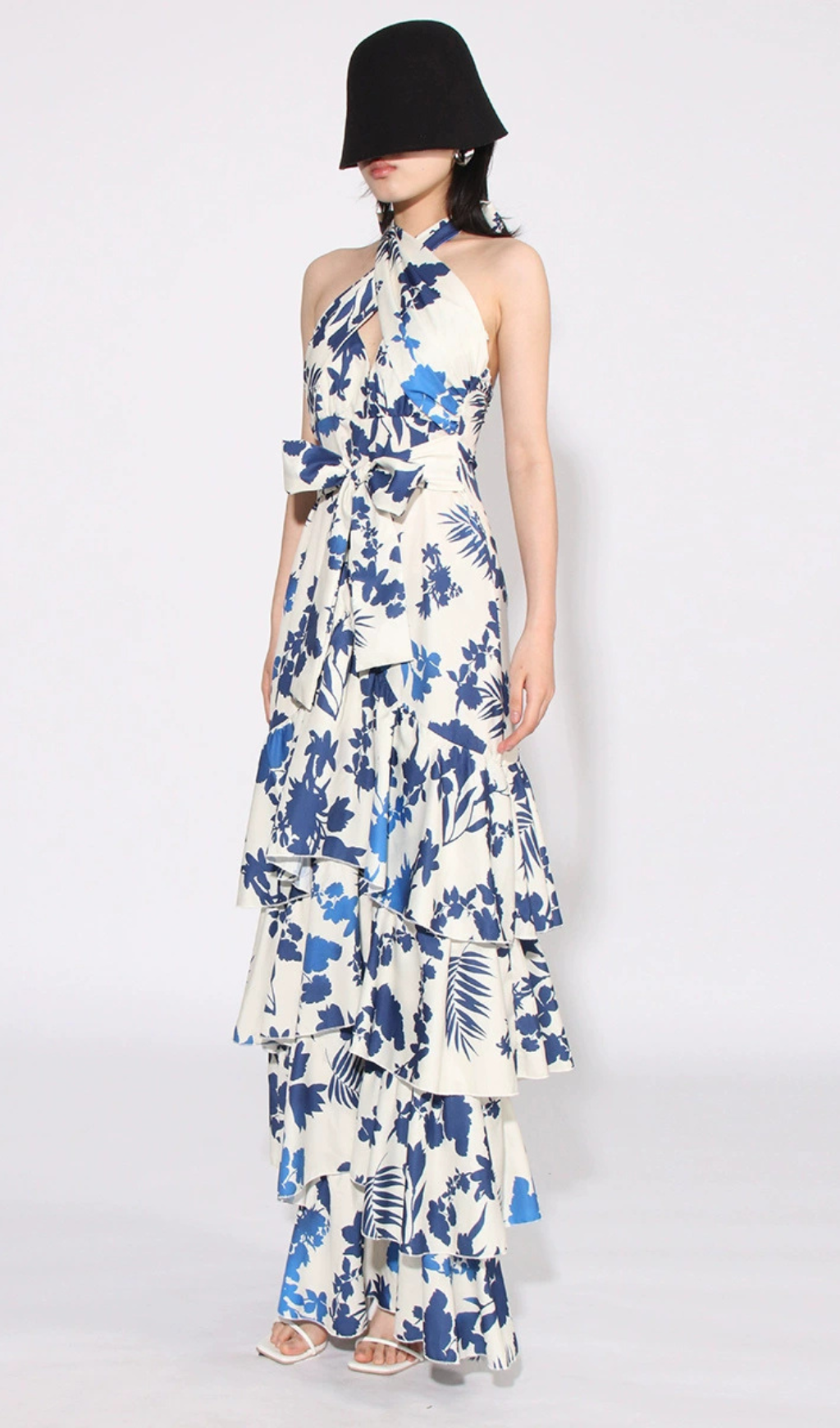 CAROLINE SLEEVELESS RUFFLED PRINT HALTER MAXI DRESS