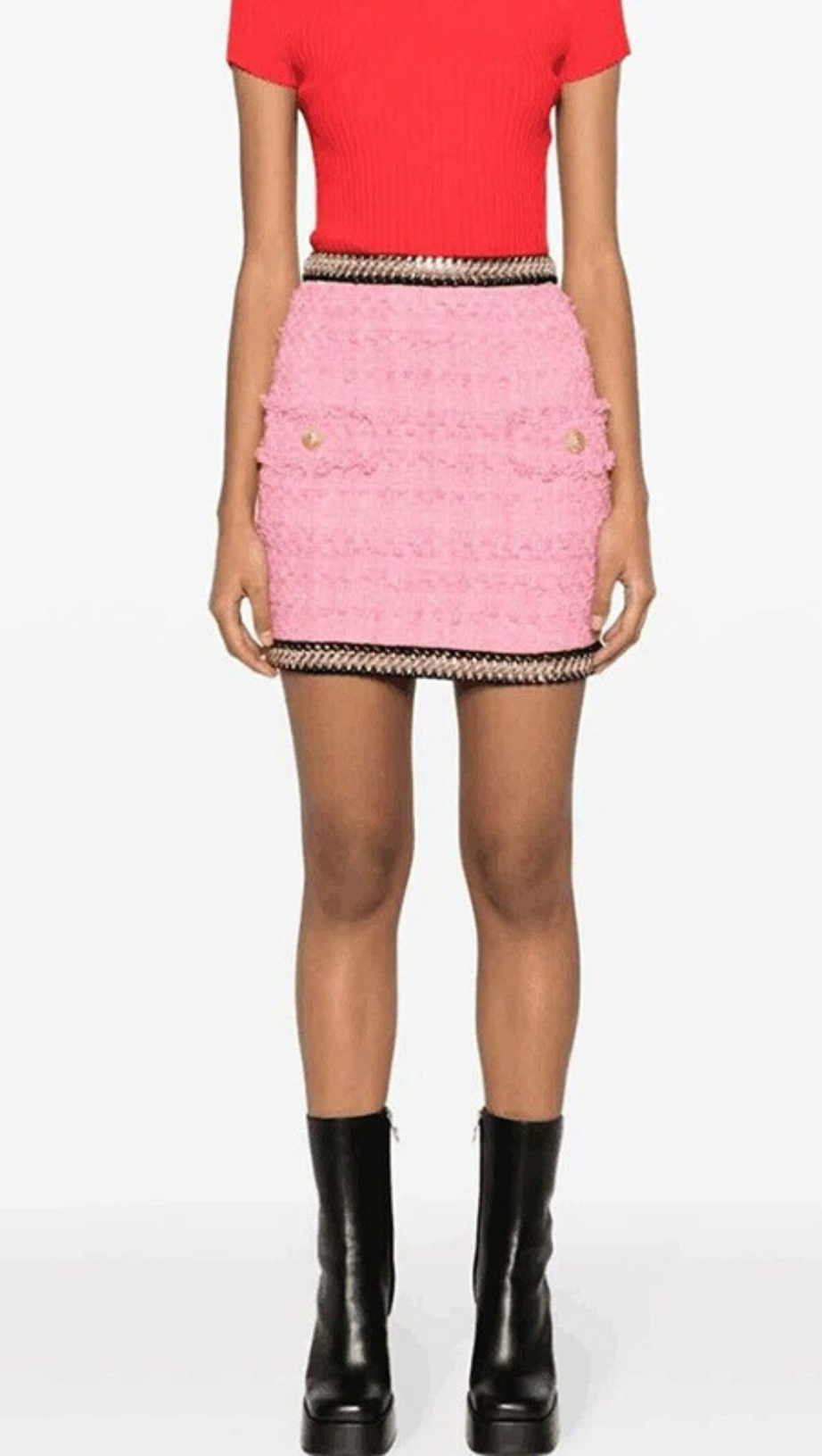 MINIGONNA IN TWEED ROSA CON DECORAZIONI A CATENA