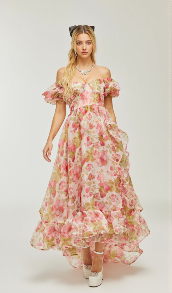 FRUIT-PRINT RUFFLED MAXI DRESS IN PINK