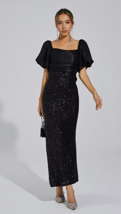 MARIA BLACK BOW SEQUINS EMBELLISHED MAXI DRESS