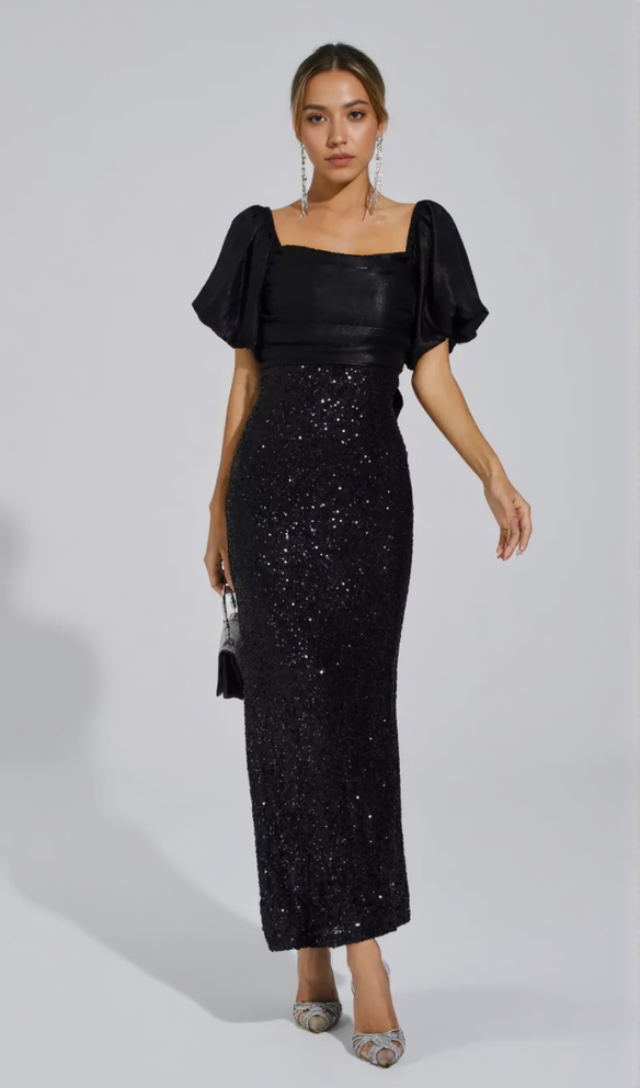MARIA BLACK BOW SEQUINS EMBELLISHED MAXI DRESS