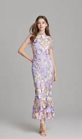 FLORAL EMBROIDERY MESH FISHTAIL MIDI DRESS IN PURPLE