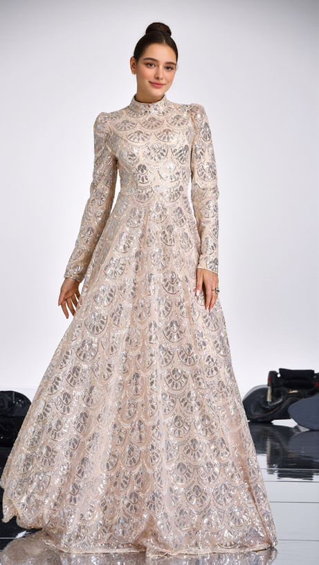 LONG SLEEVE LACE BACK SEQUIN MAXI DRESS IN GOLD