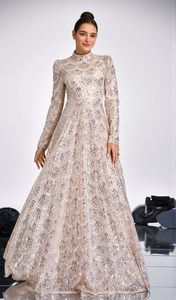 AIIZIE LONG SLEEVE LACE BACK SEQUIN MAXI DRESS IN GOLD - product image