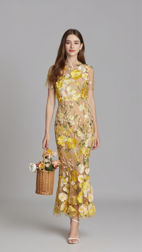 MIDIKLEID AUS MESH MIT FISCHSCHWANZ UND BLUMENSTICKEREI IN GELB