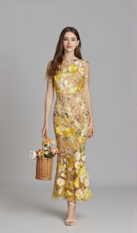 FLORAL EMBROIDERY MESH FISHTAIL MIDI DRESS IN YELLOW