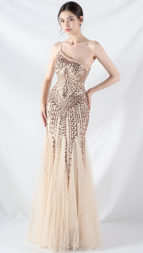 DEIRDRE GOLD ONE-SHOULDER SEQUINED FISHTAIL MAXI DRESS
