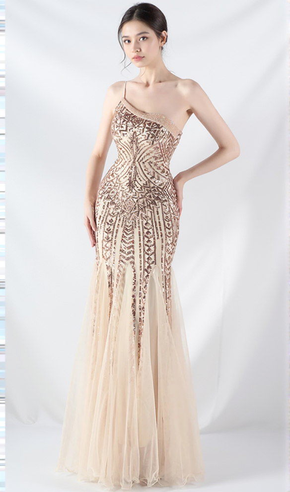 AIIZIE DEIRDRE GOLD ONE-SHOULDER SEQUINED FISHTAIL MAXI DRESS - product image