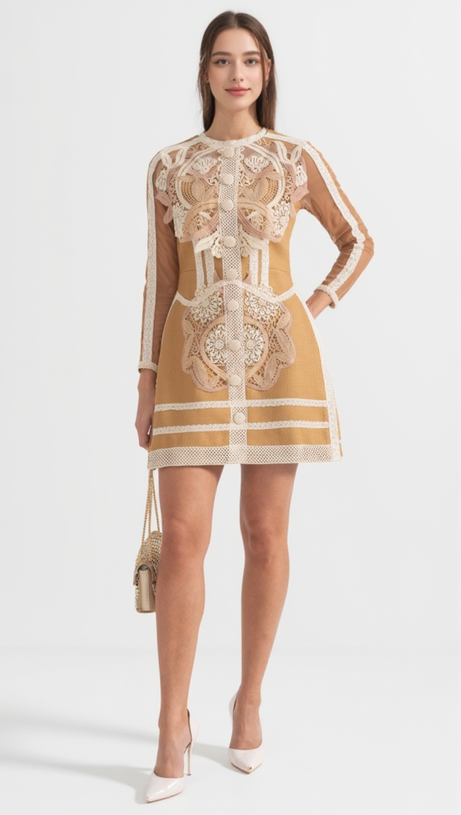 HOLLOW LACE PEPLUM MINI DRESS IN YELLOW