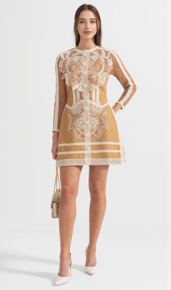 AIIZIE HOLLOW LACE PEPLUM MINI DRESS IN YELLOW - product image
