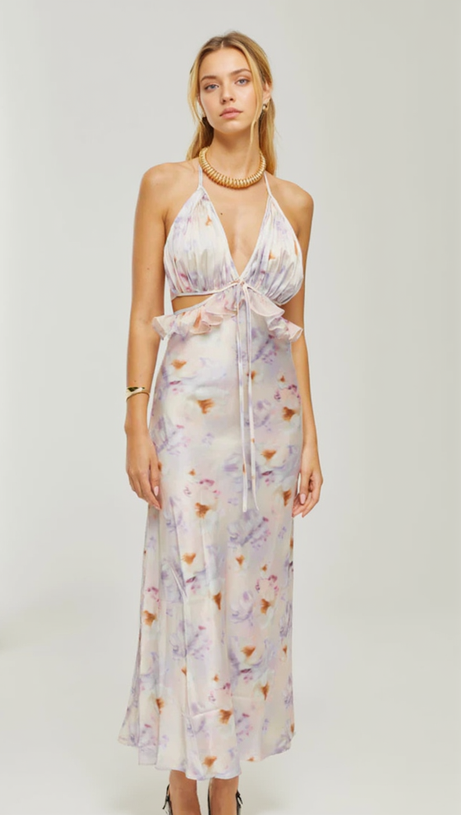 AGATHE MIDIKLEID MIT TIEFEN V-AUSSCHNITT UND BLUMENPRINT