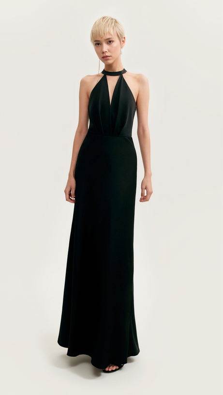 RACHEL BLACK HALTERNECK SATIN BACK CUTOUT MAXI DRESS