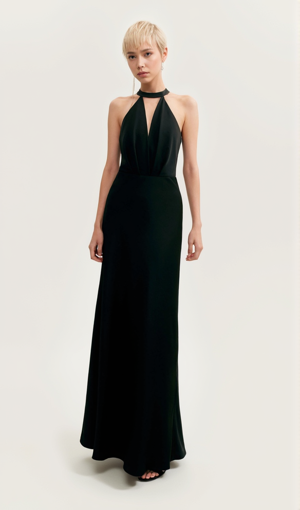 AIIZIE RACHEL BLACK HALTERNECK SATIN BACK CUTOUT MAXI DRESS - product image