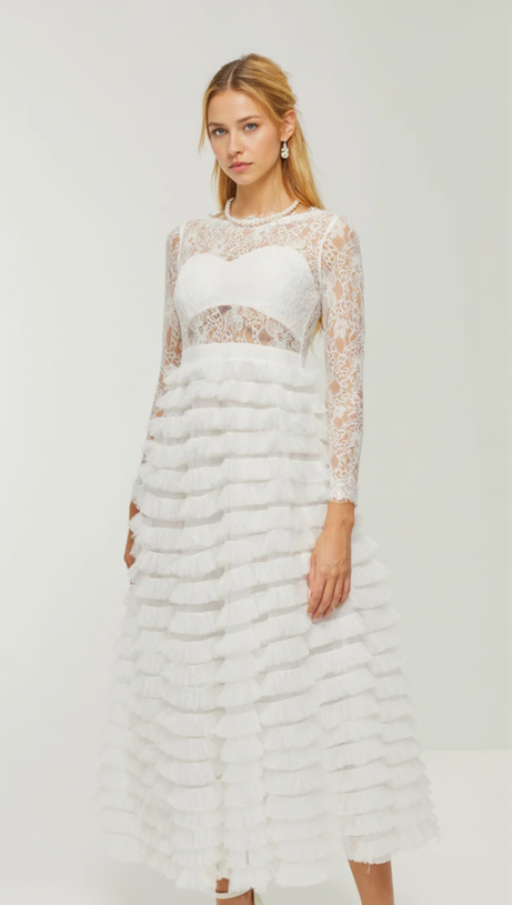 Hoch tailliertes Midikleid mit Spitzenlage in Weiß