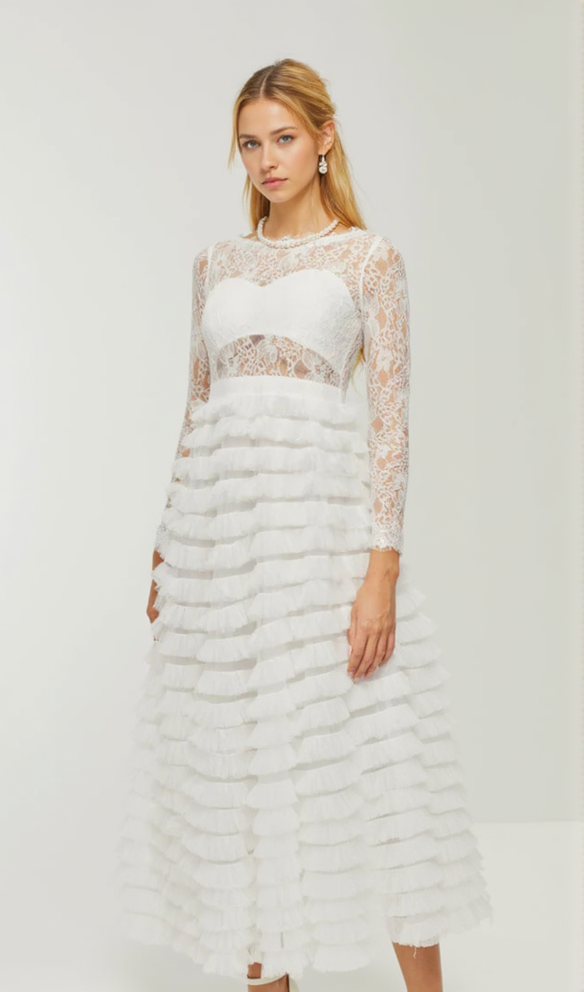 AIIZIE LACE LAYERED HIGH-WAISTED MIDI DRESS IN WHITE - product image