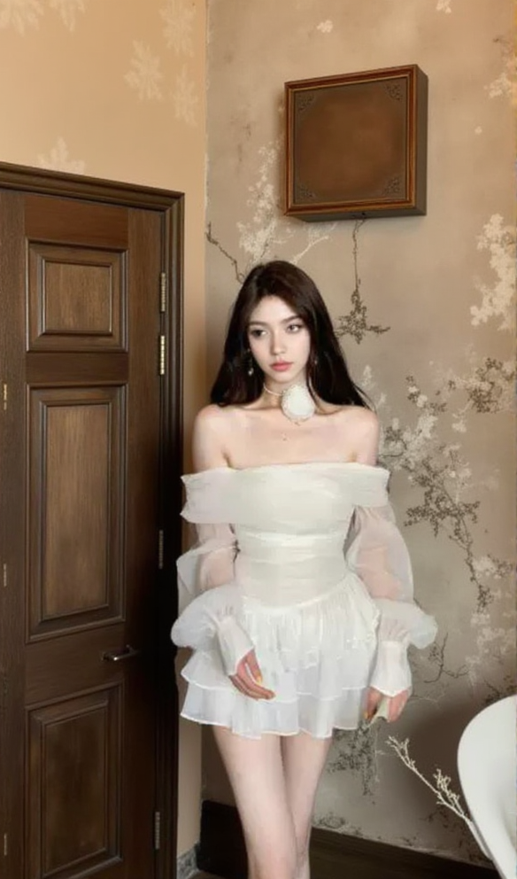 AIIZIE PUFF SLEEVE RUFFLE TRIM MESH CREP DRESS IN WHITE - product image