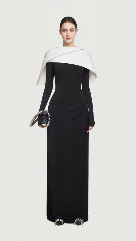 BLACK MAXI DRESS WITH DRAPED ASYMMETRICAL SHOULDER PLEAT