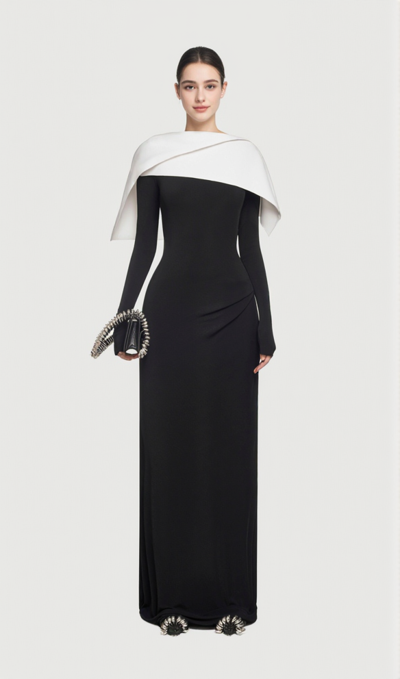 BLACK MAXI DRESS WITH DRAPED ASYMMETRICAL SHOULDER PLEAT