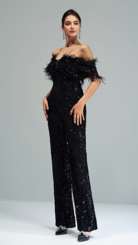 OFF-SHOULDER SEQUIN JUMPSUIT IN BLACK