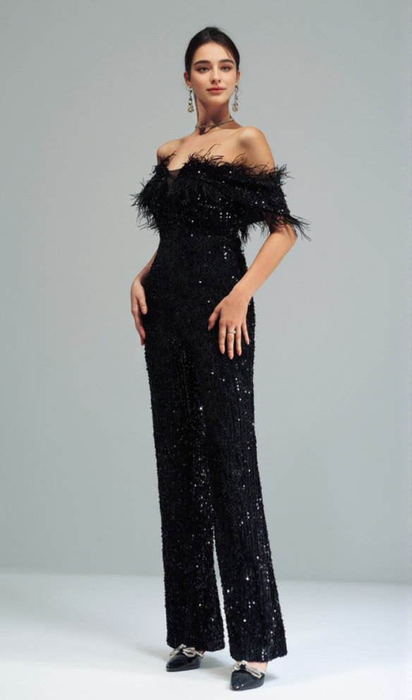 AIIZIE OFF-SHOULDER SEQUIN JUMPSUIT IN BLACK - product image