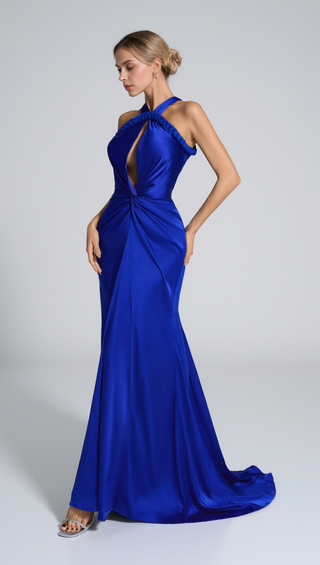 BEVERLY BRAID EMBELLISHED RUCHED HALTER GOWN IN BLUE