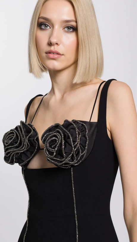 BUSTIER-MIDIKLEID MIT SILBERBESATZ UND BLUMENMUSTER IN SCHWARZ