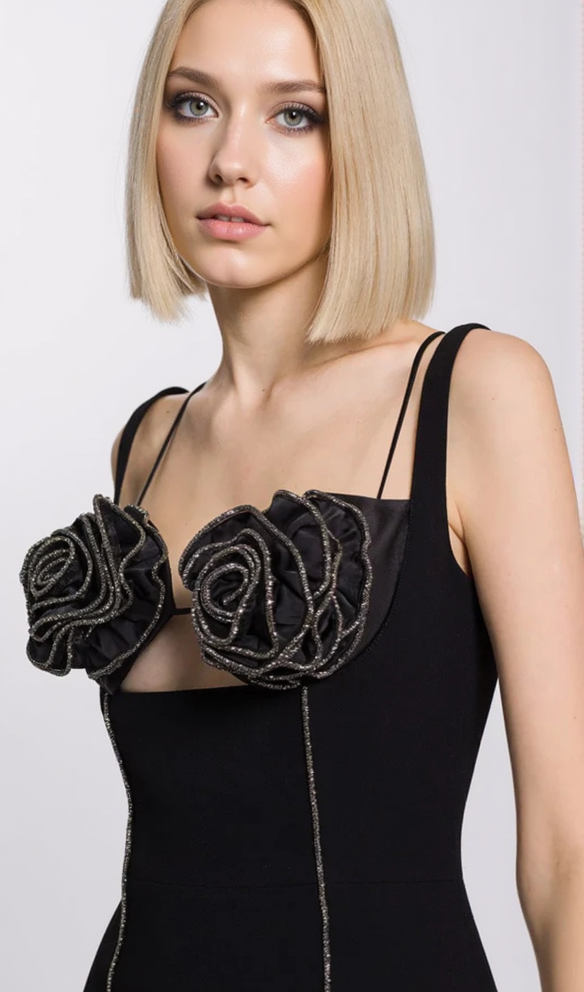 ABITO MIDI BUSTIER CON FIORI E FINITURE ARGENTO IN NERO