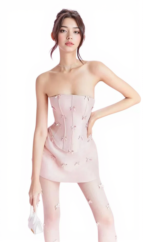 PINK BOW EMBELLISHED STRAPLESS MINI DRESS SET