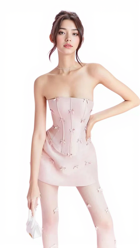 COMPLETO DI ABITO MINI SENZA SPALLINE CON FIOCCO ROSA