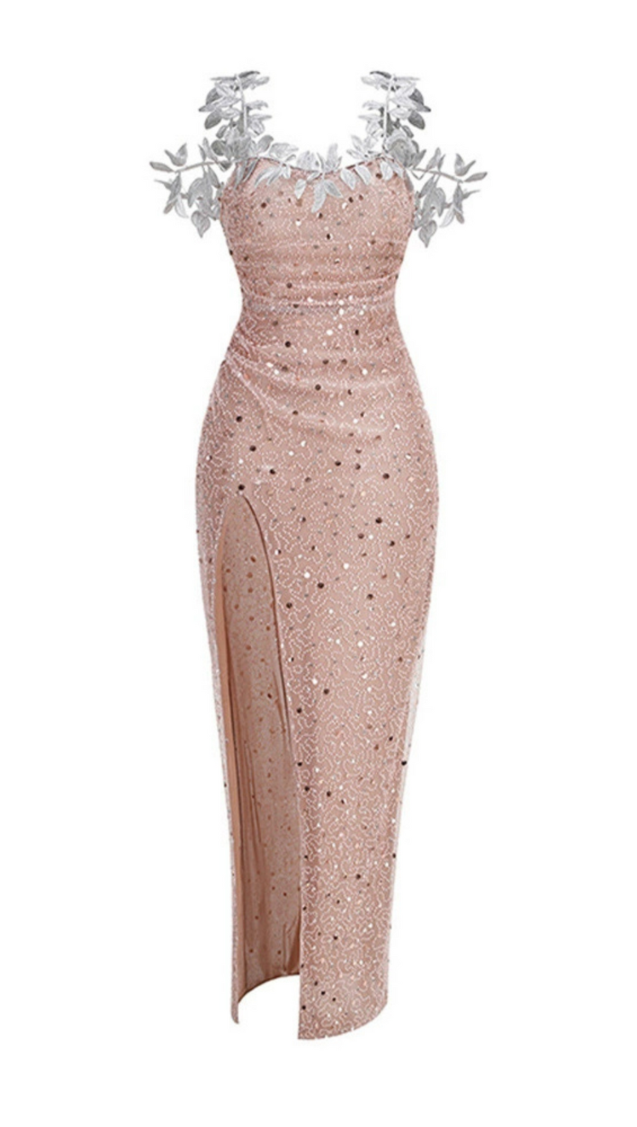 Maxikleid mit Pailletten und Kristallblättern in Hellbraun