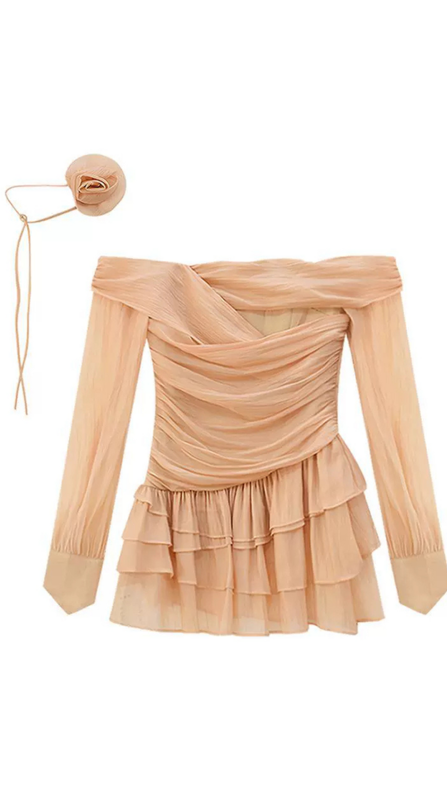 PUFF SLEEVE RUFFLE TRIM MESH CREP DRESS IN NUDE COLOR