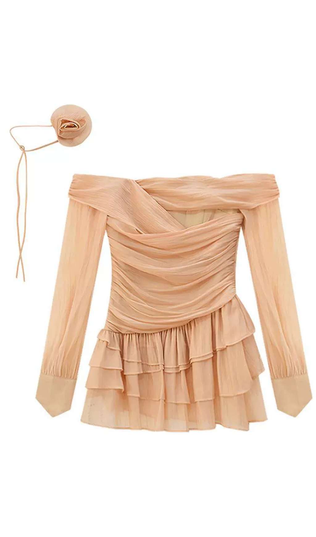 ABITO IN CREPE DI RETE CON MANICHE A SBUFFO E BORDI A VOLANT, COLORE NUDO