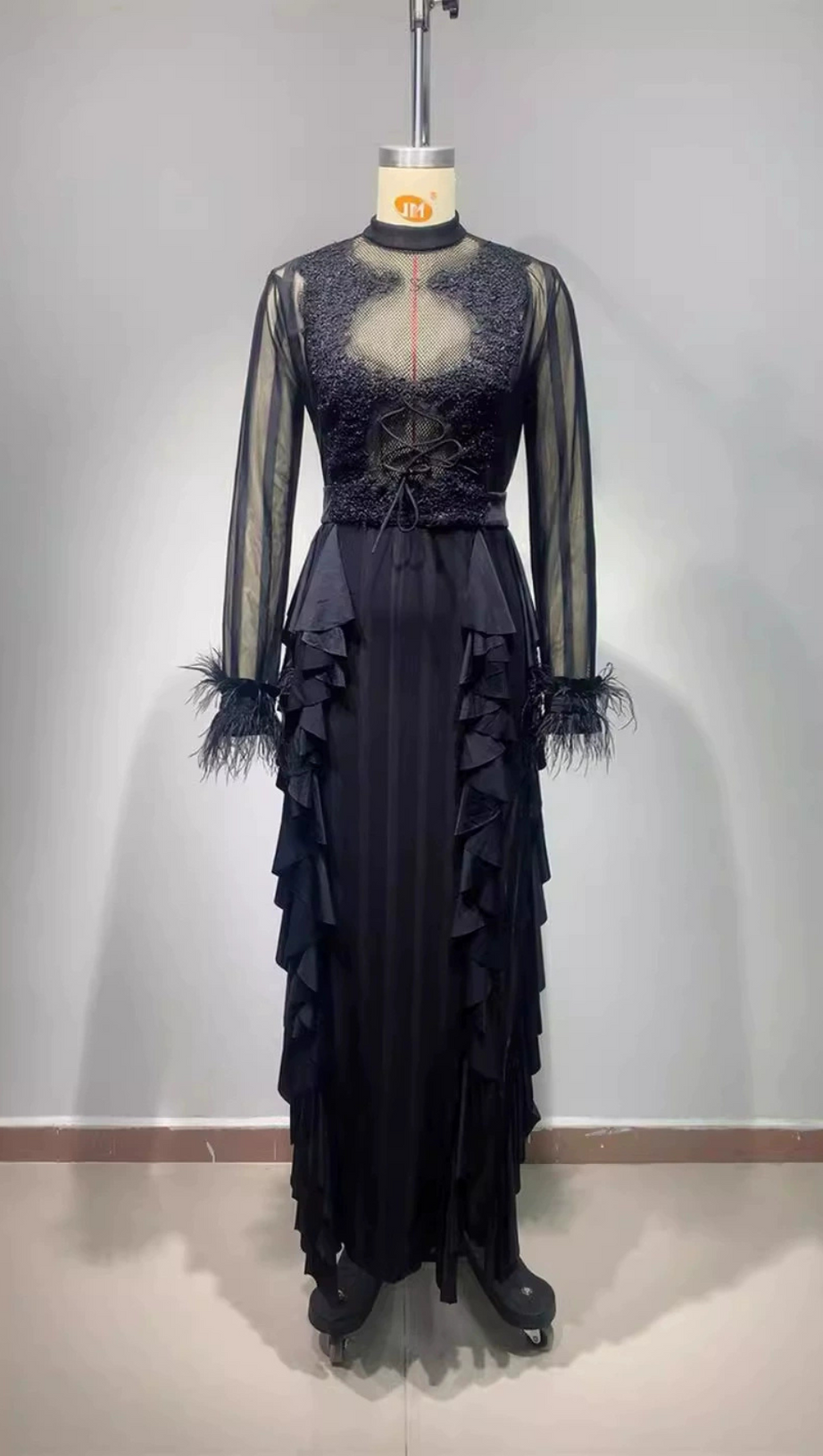 PANAGAS LONG SLEEVE MESH RUFFLE DRESS