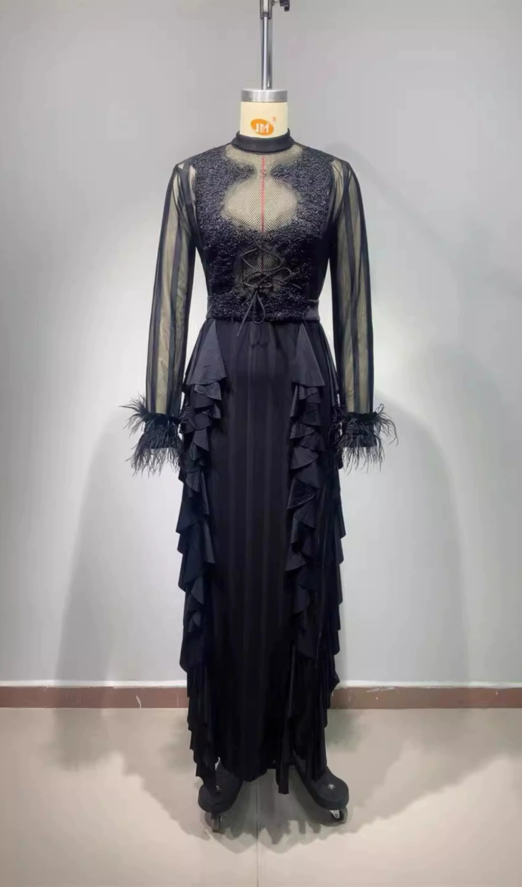 PANAGAS LONG SLEEVE MESH RUFFLE DRESS